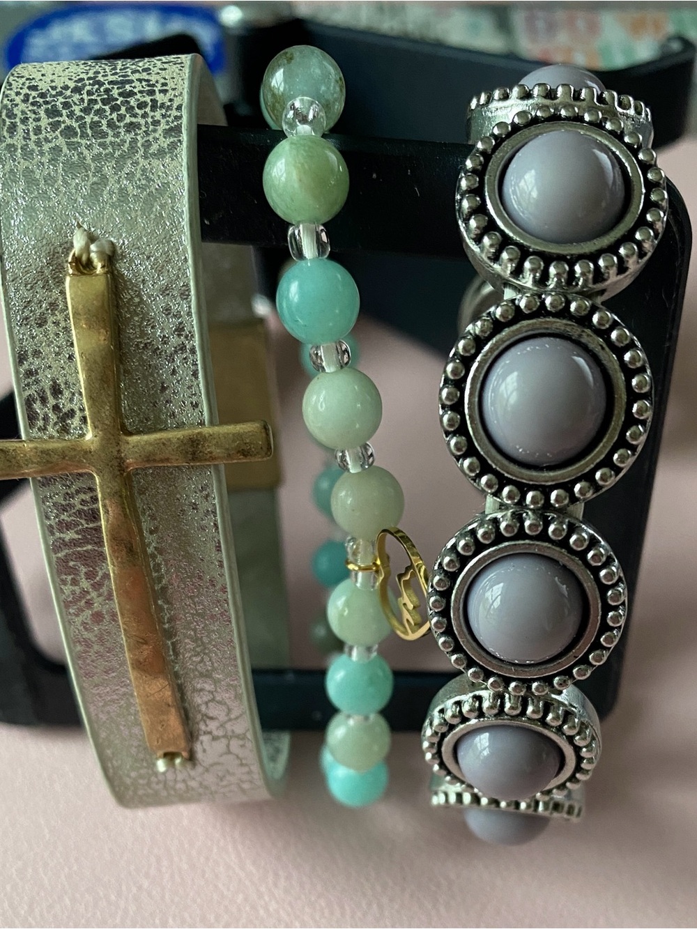 Bracelets - 3: Lavender Bead Stretch Bracelet, Alaska mountain, cross magnetic